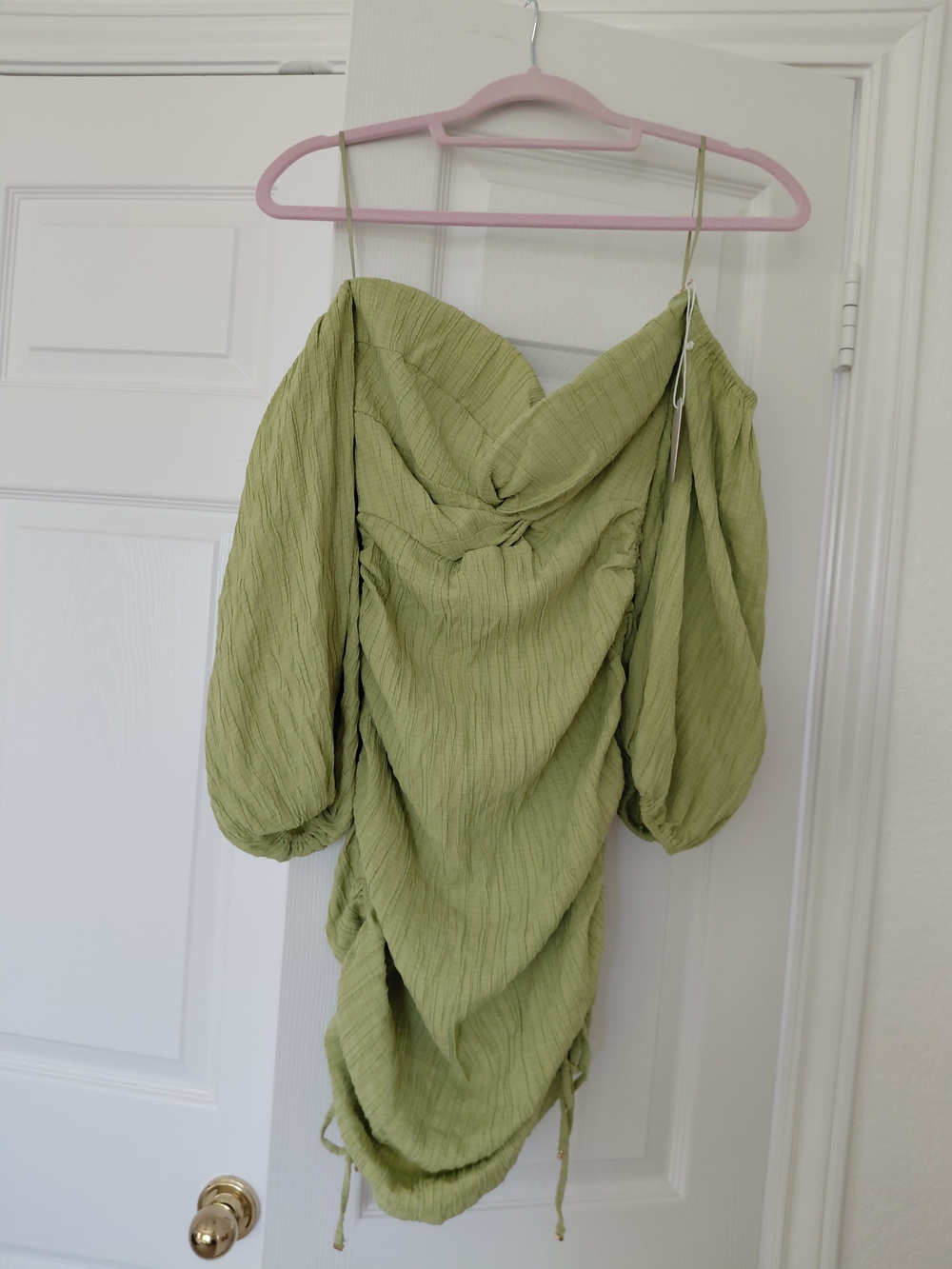 Luxxel Olive Green Strapless Ruched Off-Shoulder Dress